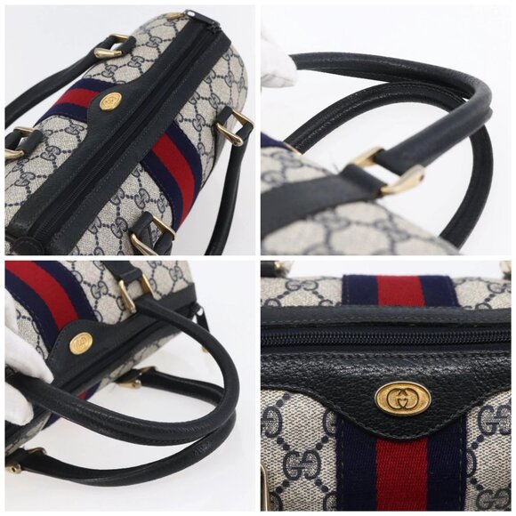 GUCCI GG Supreme Sherry Line Boston Bag PVC Navy Gold 40 3841 Auth 147499 - Picture 16 of 16